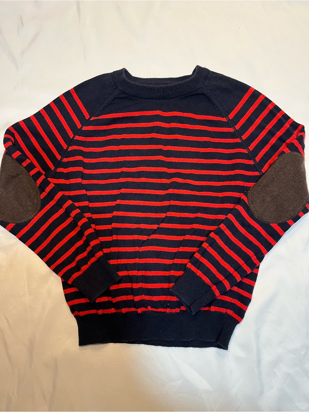 Mini Boden Boys Pullover Sweater Red Blue Striped Size 6-7Y Elbow Patches